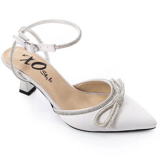 حذاء بكعب عالي مفتوح من الخلف مزين بفيونكة، فضي