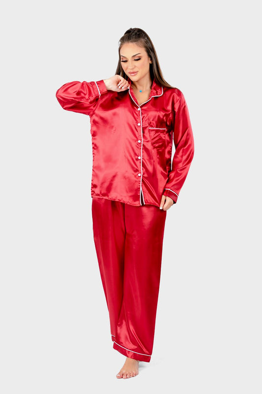 Solid Satin Pajama Set of Top and Pants