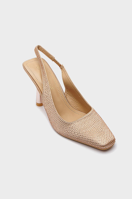 حذاء بكعب عالي سواريه مزين بستراس، لون شامبين