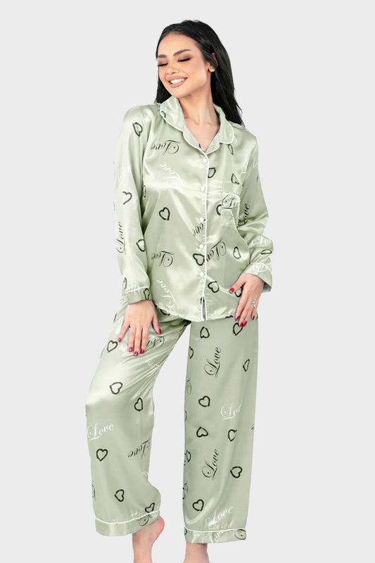 Mint Green Stylish Printed Satin Pajama Set