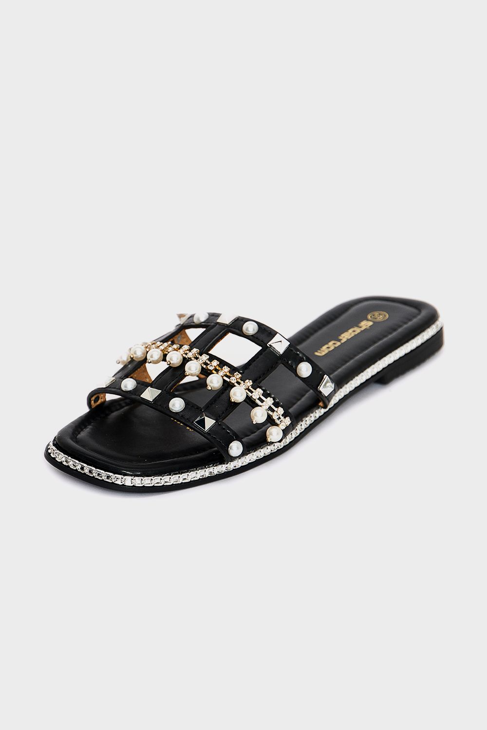 Front Pearls Slides with Shiny Frame