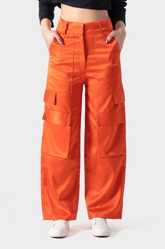 بنطلون ساتان بجيوب أمامية برتقالي