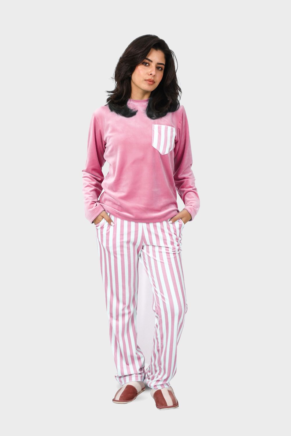 Top & Striped Pants Velvet Pajama Set