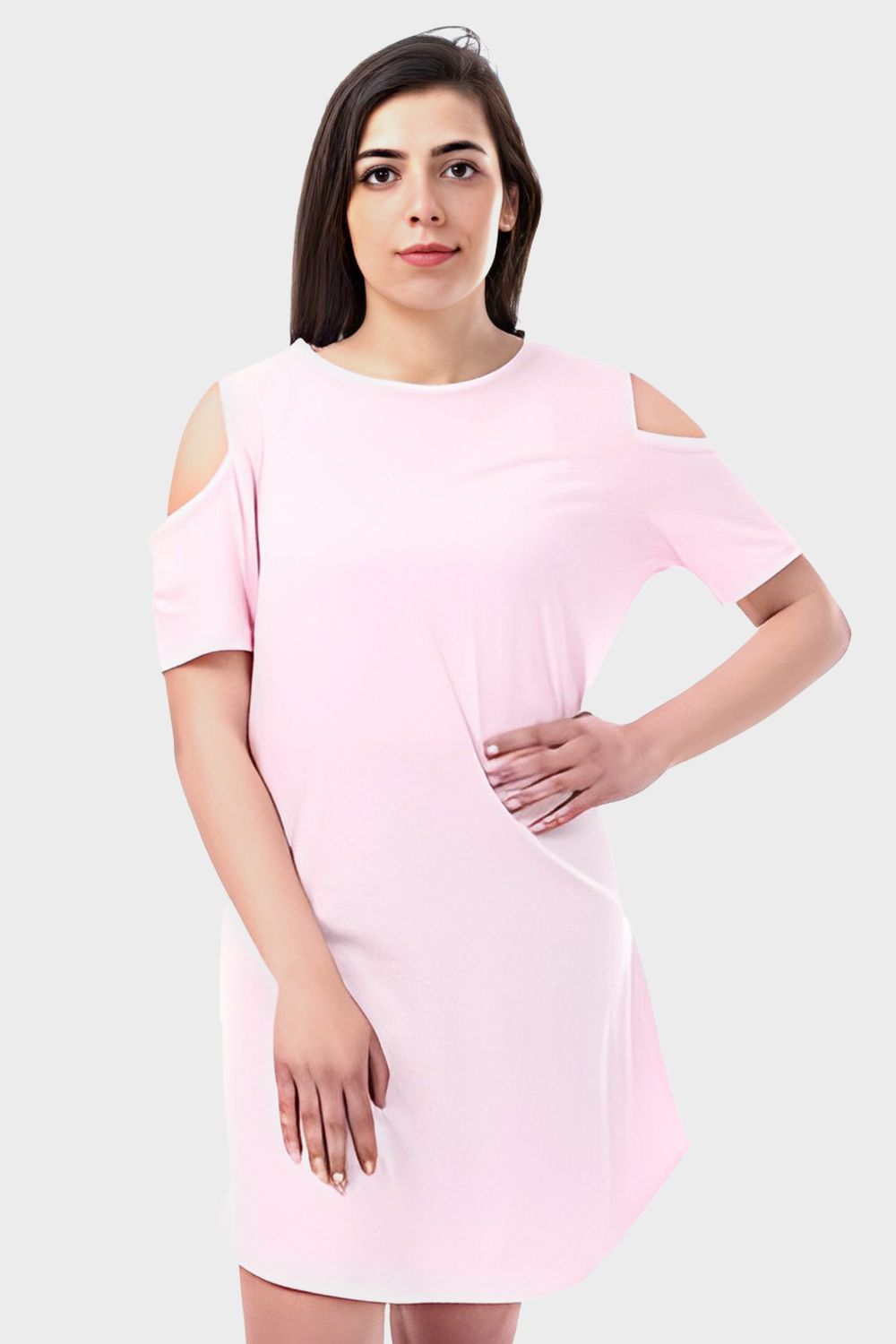 Plain Round Neck Short Night Gown With Cold Shoulders