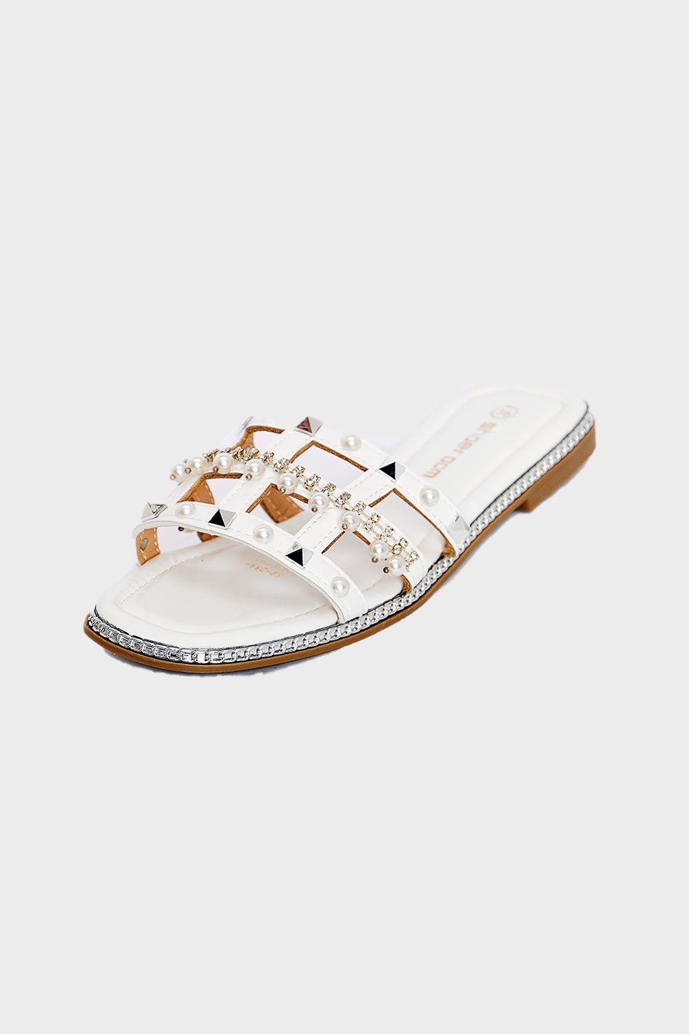 Front Pearls Slides with Shiny Frame
