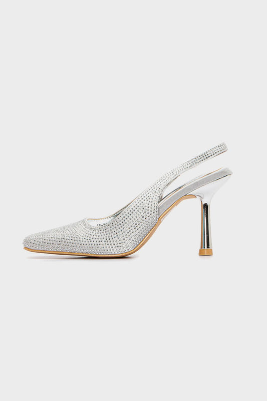 حذاء سواريه بكعب عالي مزين بستراس، فضي