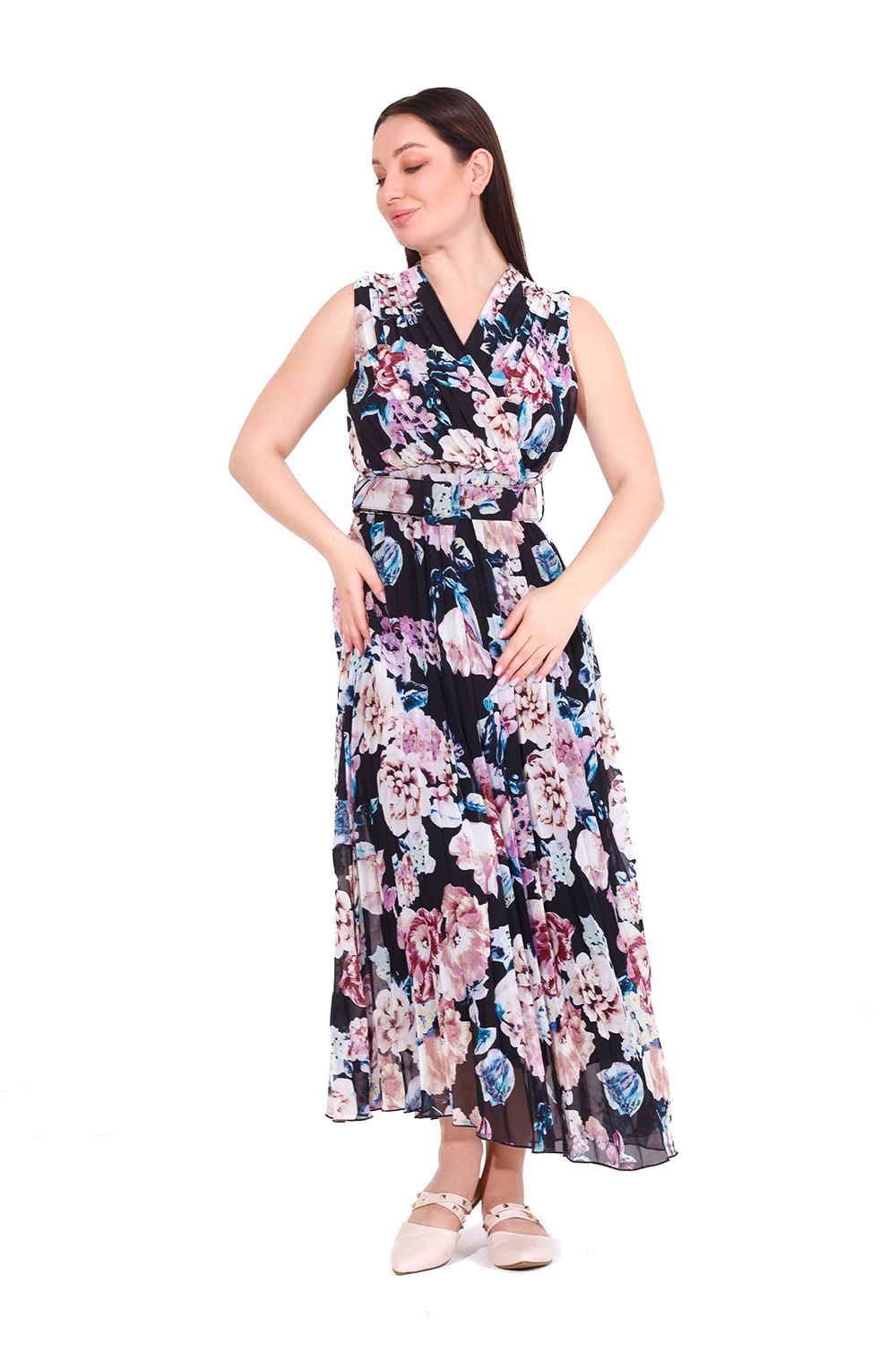Floral Waist Belt Chiffon Dress