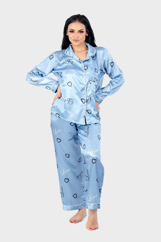 Baby Blue Hearts Print Satin Pajama Set