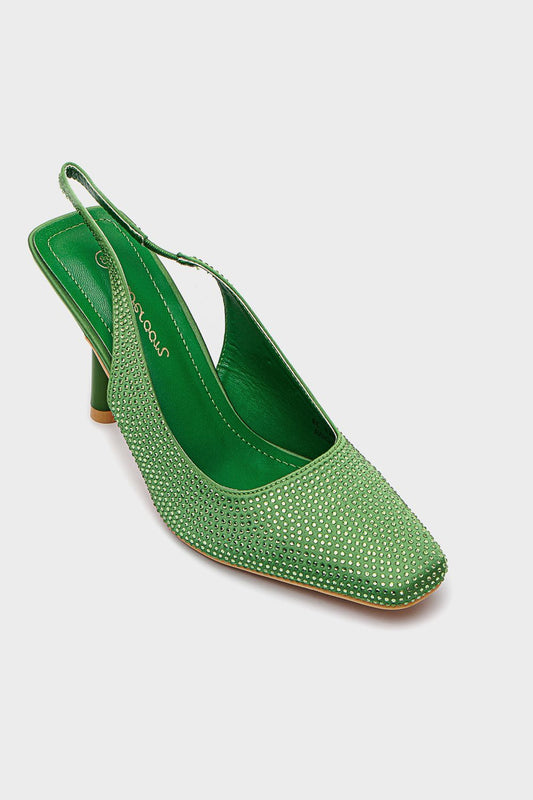 حذاء بكعب عالي سواريه مزين بستراس، أخضر