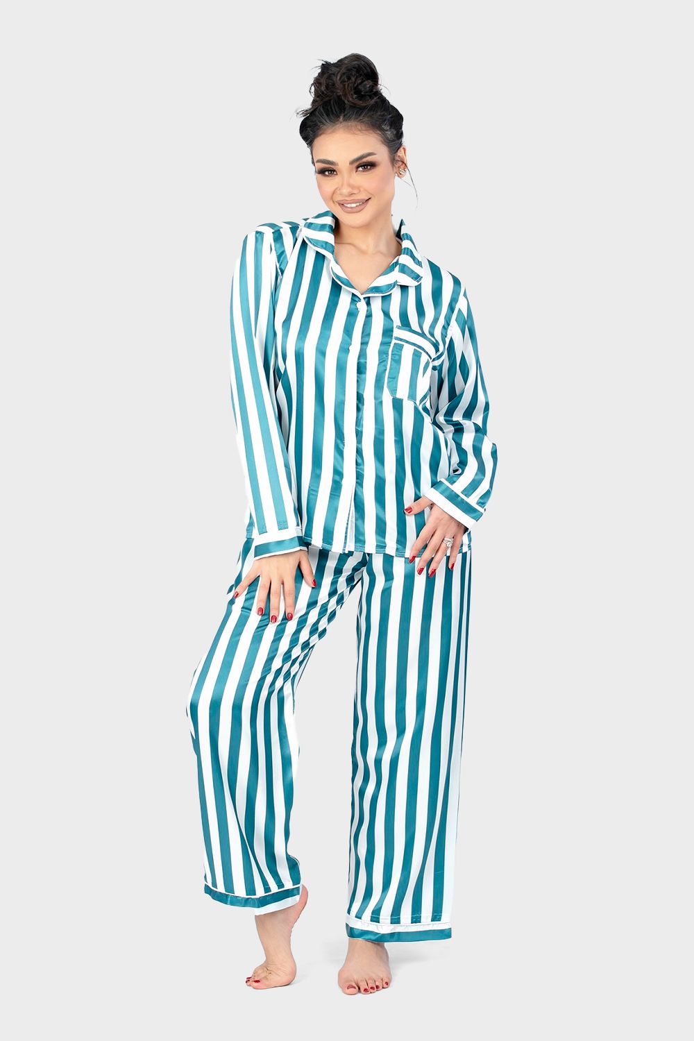 Green Striped Satin Pajama Set