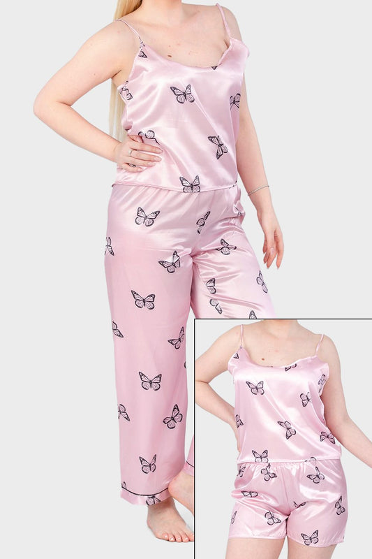 3 Pieces Butterfly Printed Satin Pajama Set