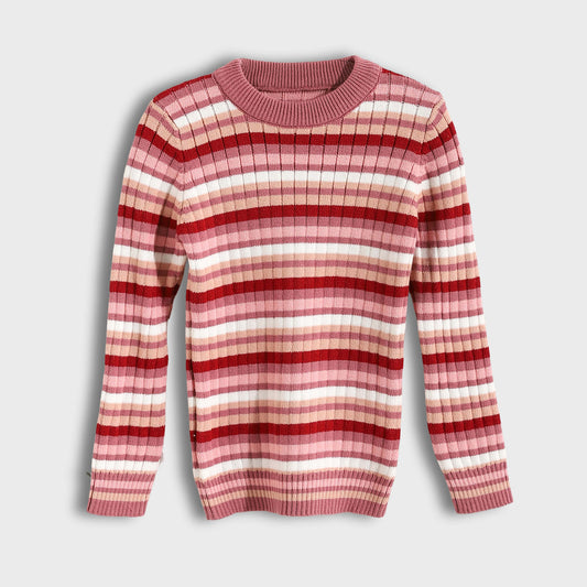 Girls Round Neck Striped Pullover