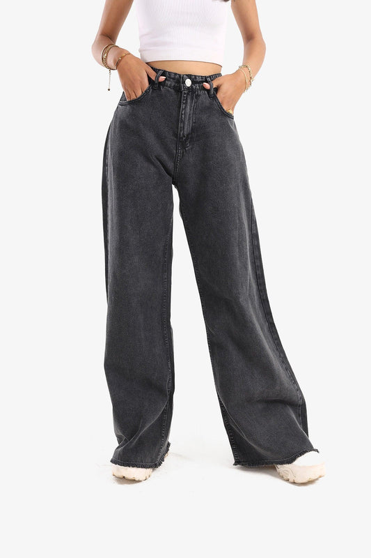 Dark Gray Unstitched Hem Wide Leg Jeans
