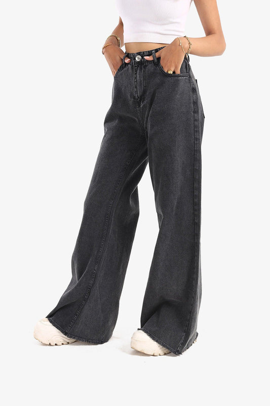 Dark Gray Unstitched Hem Wide Leg Jeans