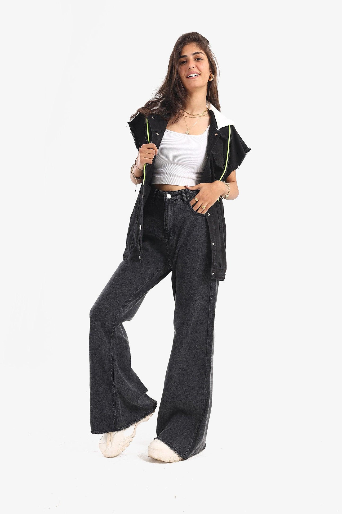 Dark Gray Unstitched Hem Wide Leg Jeans