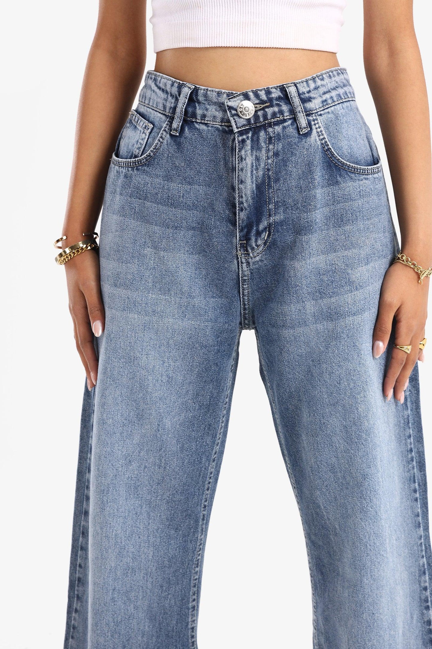Denim Blue Unstitched Hem Wide Leg Jeans