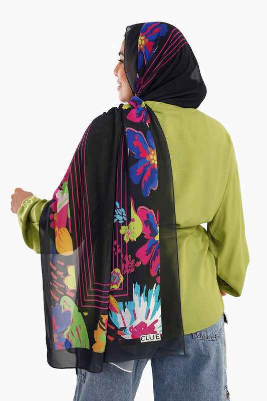 Black Chiffon Printed Scarf