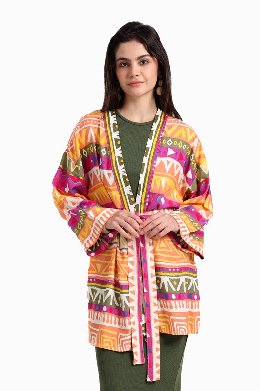 كيمونو مطبوع مع حزام خصر