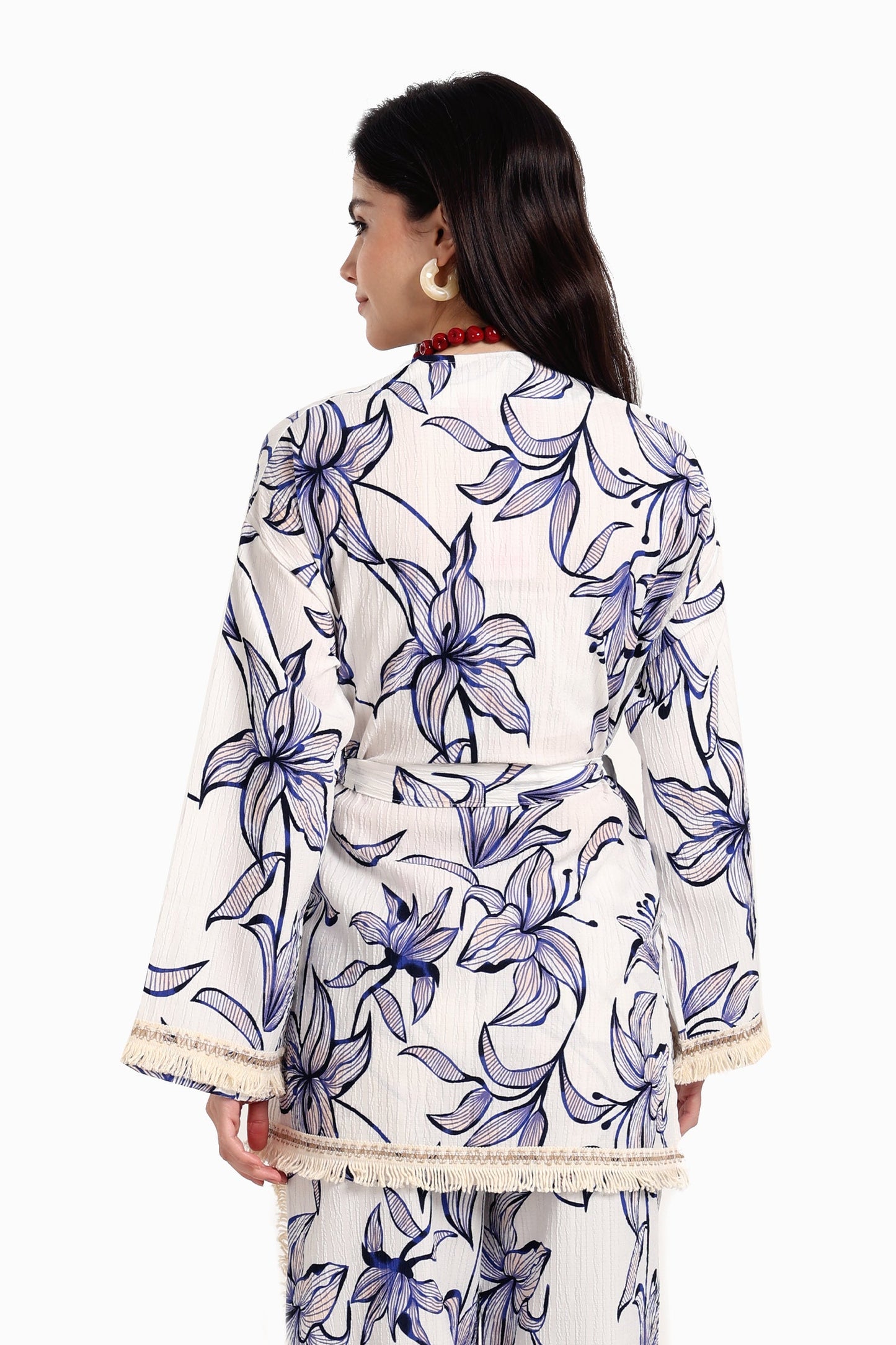 Blue Flowers Kimono with Fringes