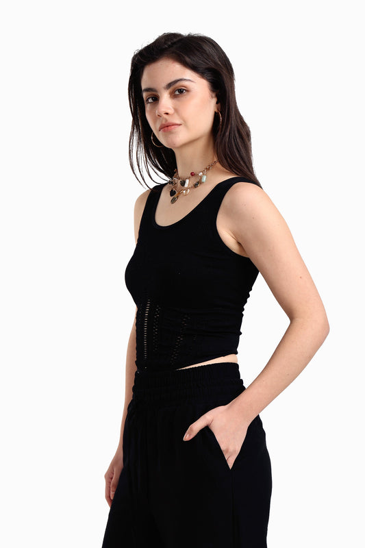 بلوزة بدون أكمام مضلعة وشبكية