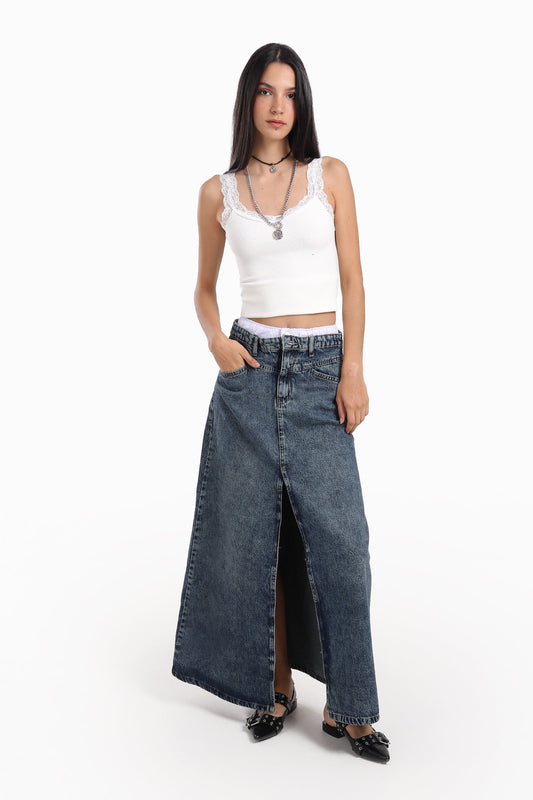 جيبة ماكسي من قماش الدنيم بفتحة أمامية