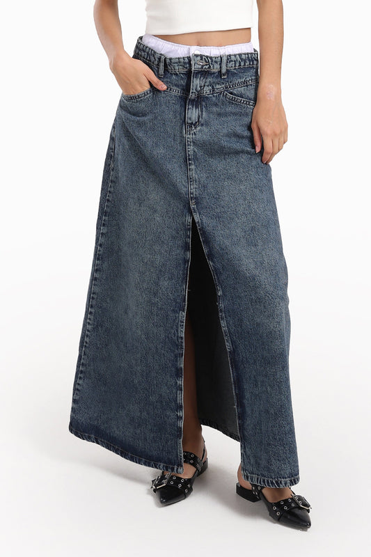 جيبة ماكسي من قماش الدنيم بفتحة أمامية