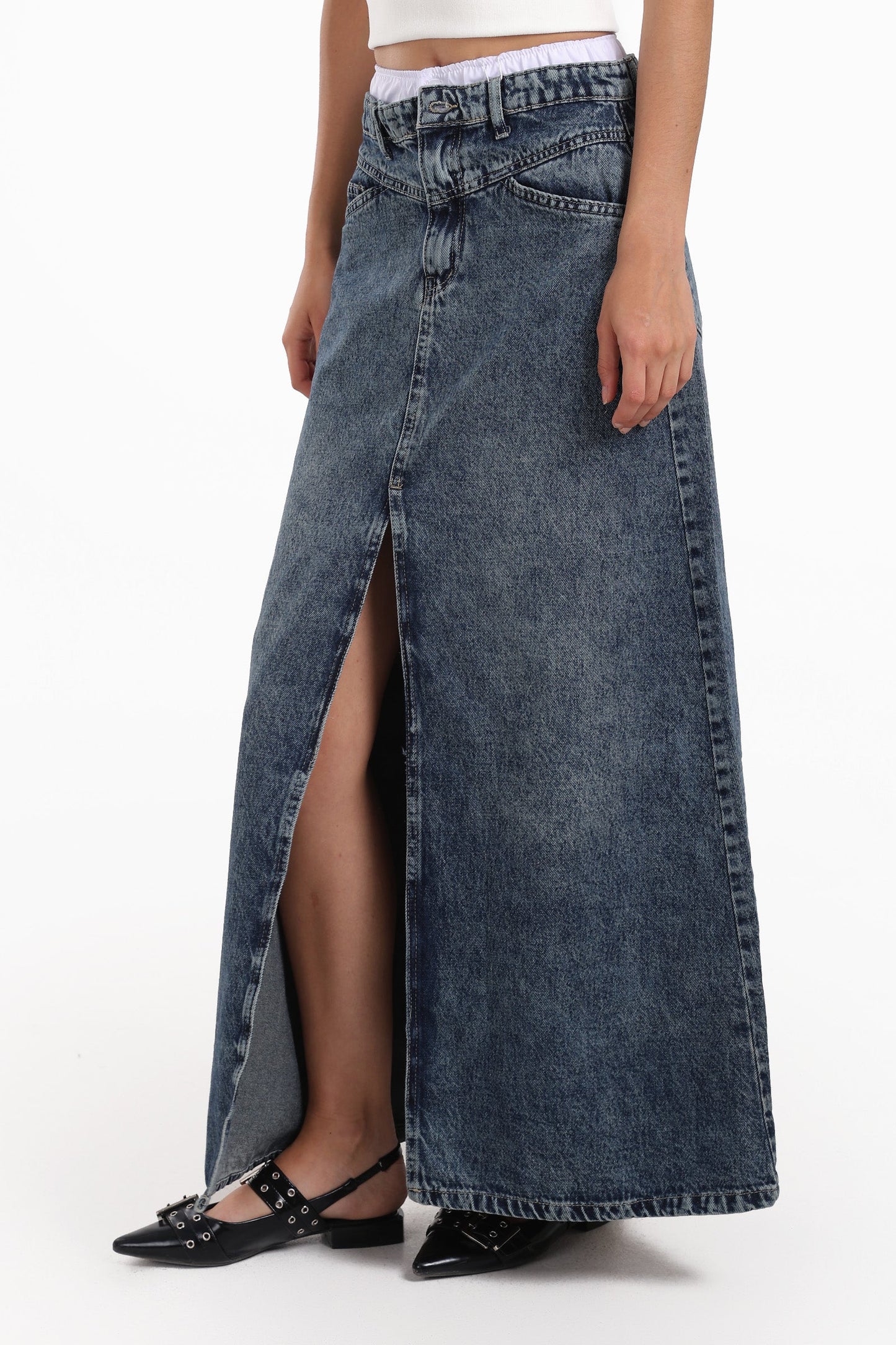 Denim Front Slit Maxi Skirt
