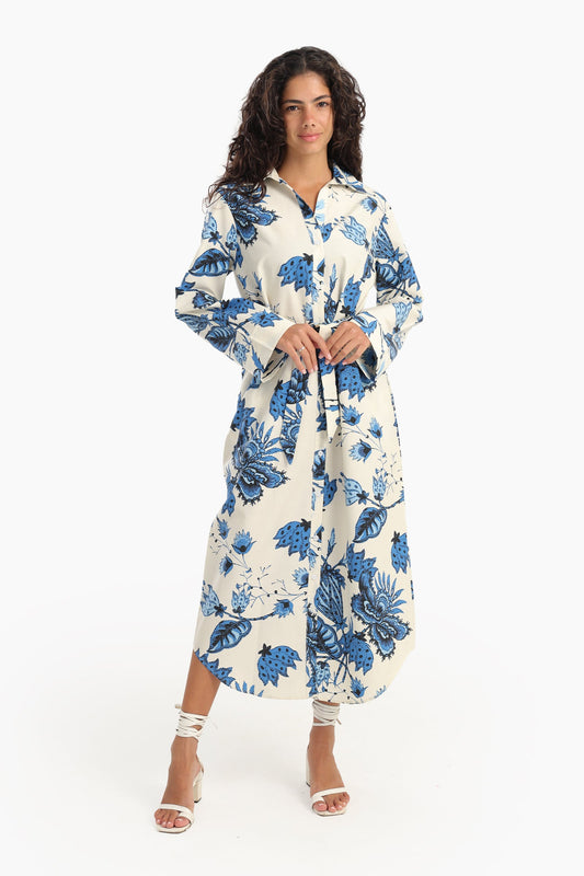 فستان ميدي بطبعة زهور زرقاء