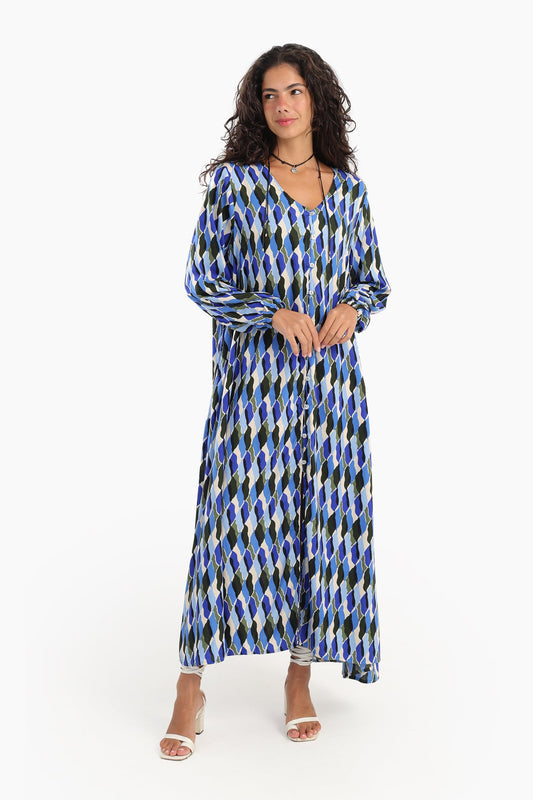 فستان مطبوع برقبة على شكل حرف V