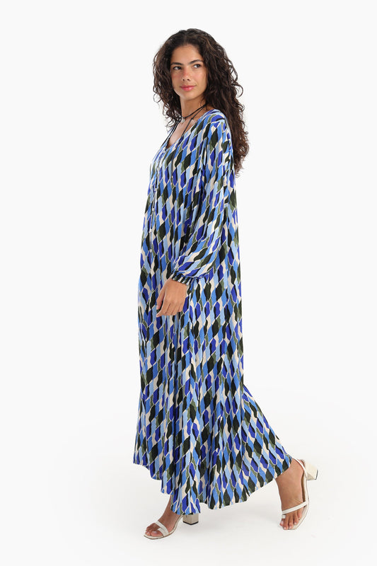 فستان مطبوع برقبة على شكل حرف V