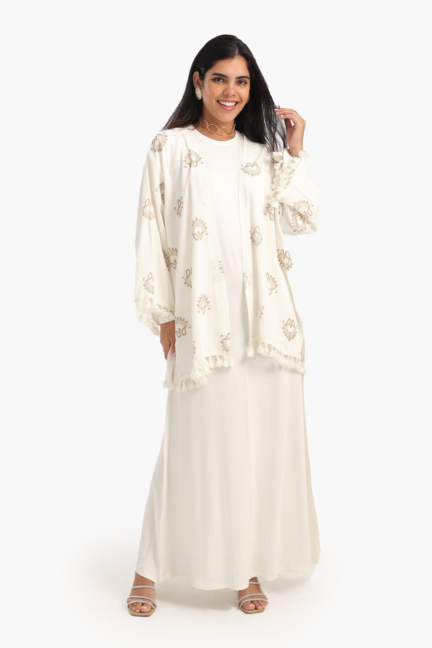 Printed Cardigan with Fringes