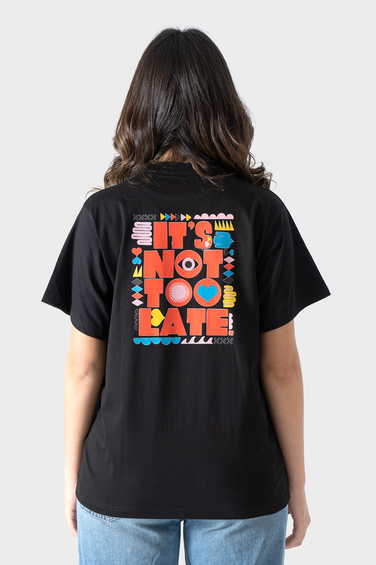 Black Back Printed Text Short Sleeves T-Shirt