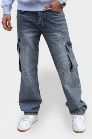 Man wearing a light blue hoodie and gray cargo pants on a white background