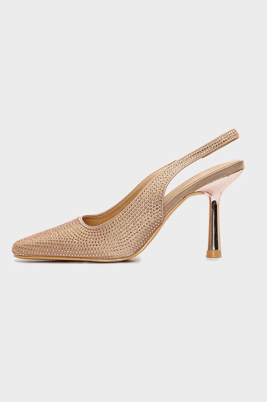 حذاء بكعب عالي سواريه مزين بستراس، لون شامبين