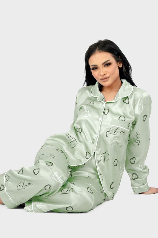 Mint Green Stylish Printed Satin Pajama Set