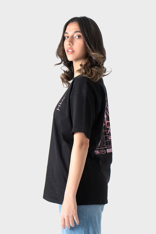 Black Animation Printed Over-Sized T-Shirt