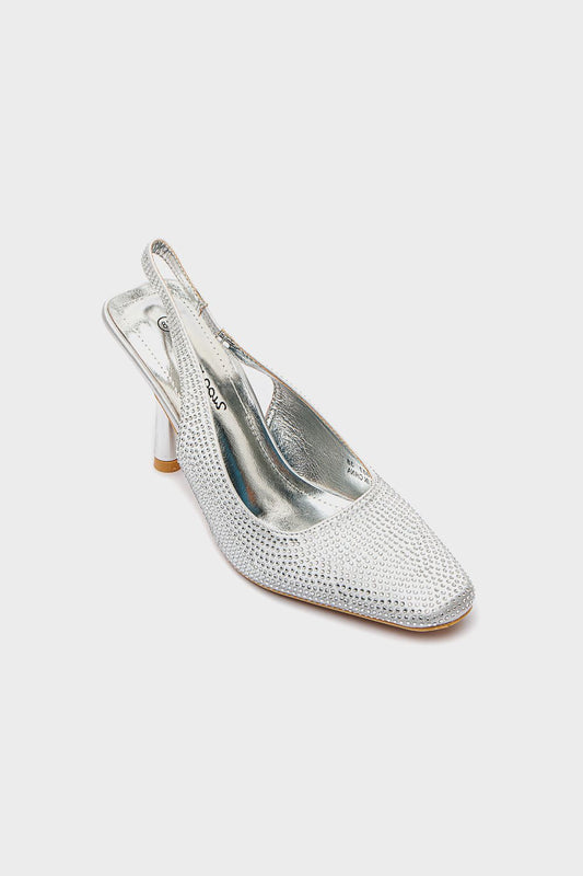 حذاء سواريه بكعب عالي مزين بستراس، فضي