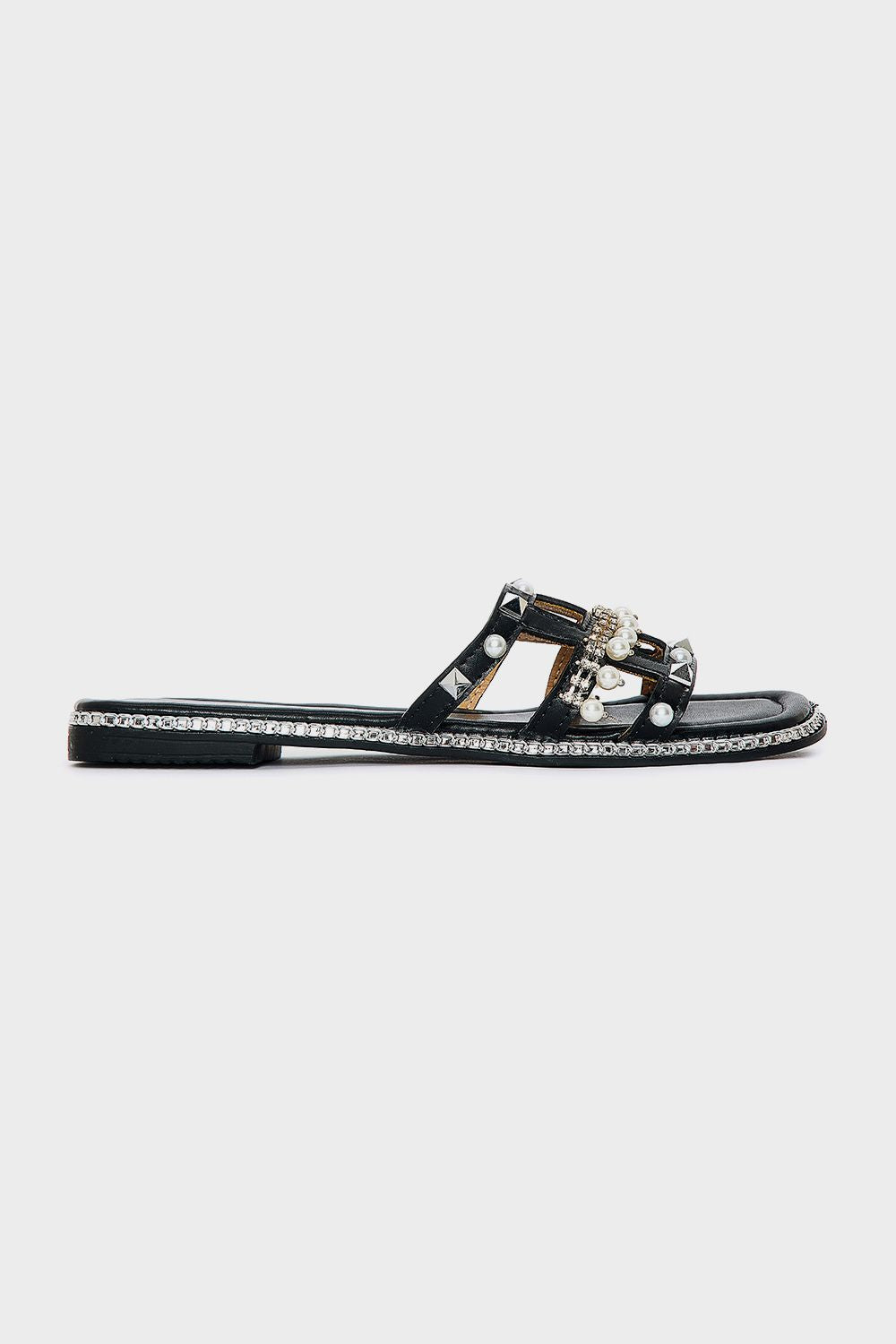 Front Pearls Slides with Shiny Frame