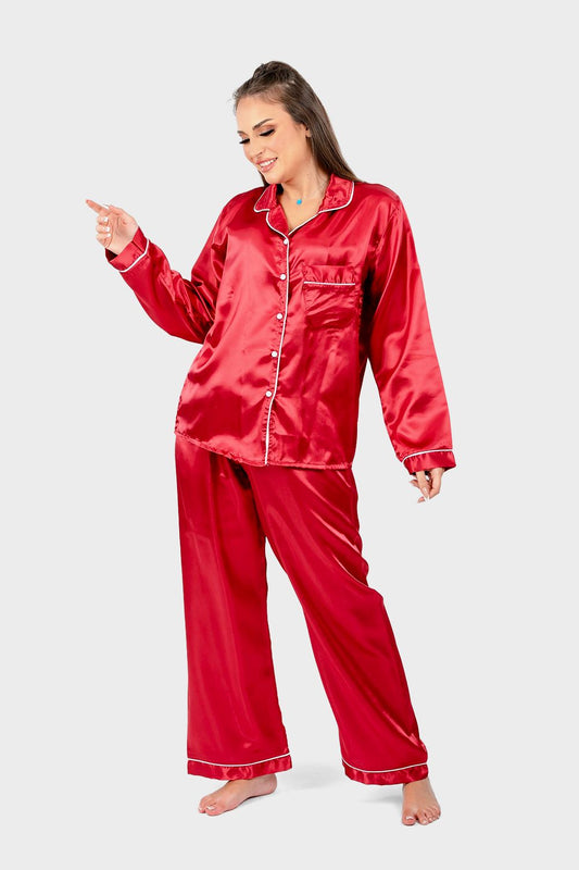 Solid Satin Pajama Set of Top and Pants