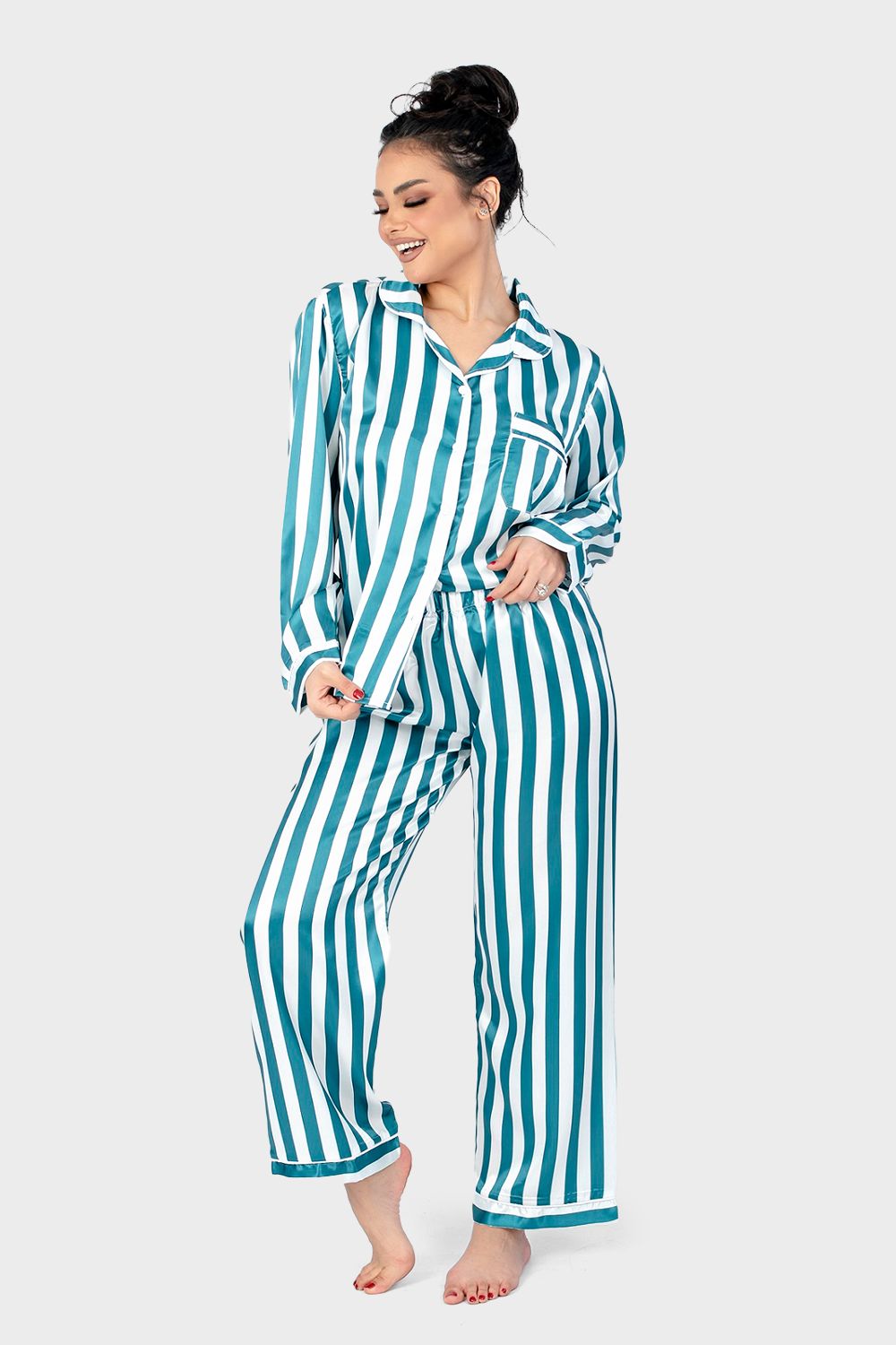 Green Striped Satin Pajama Set