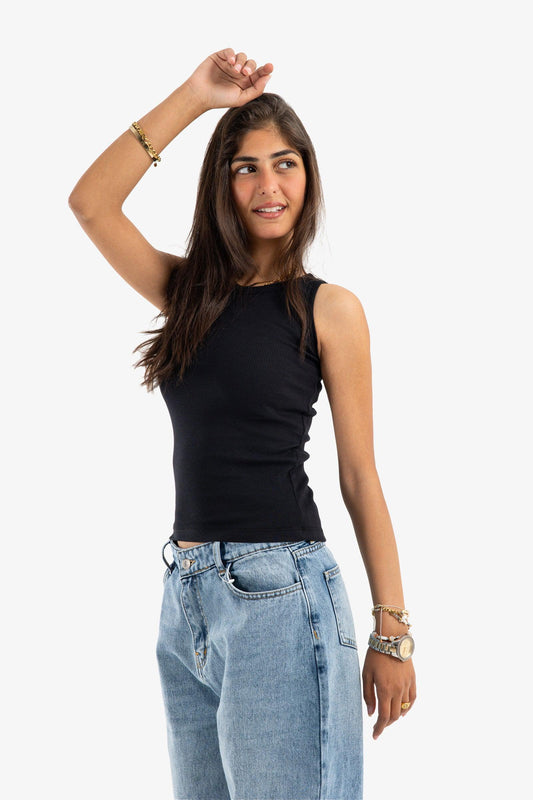 Black Narrow Cut Ribbed Top