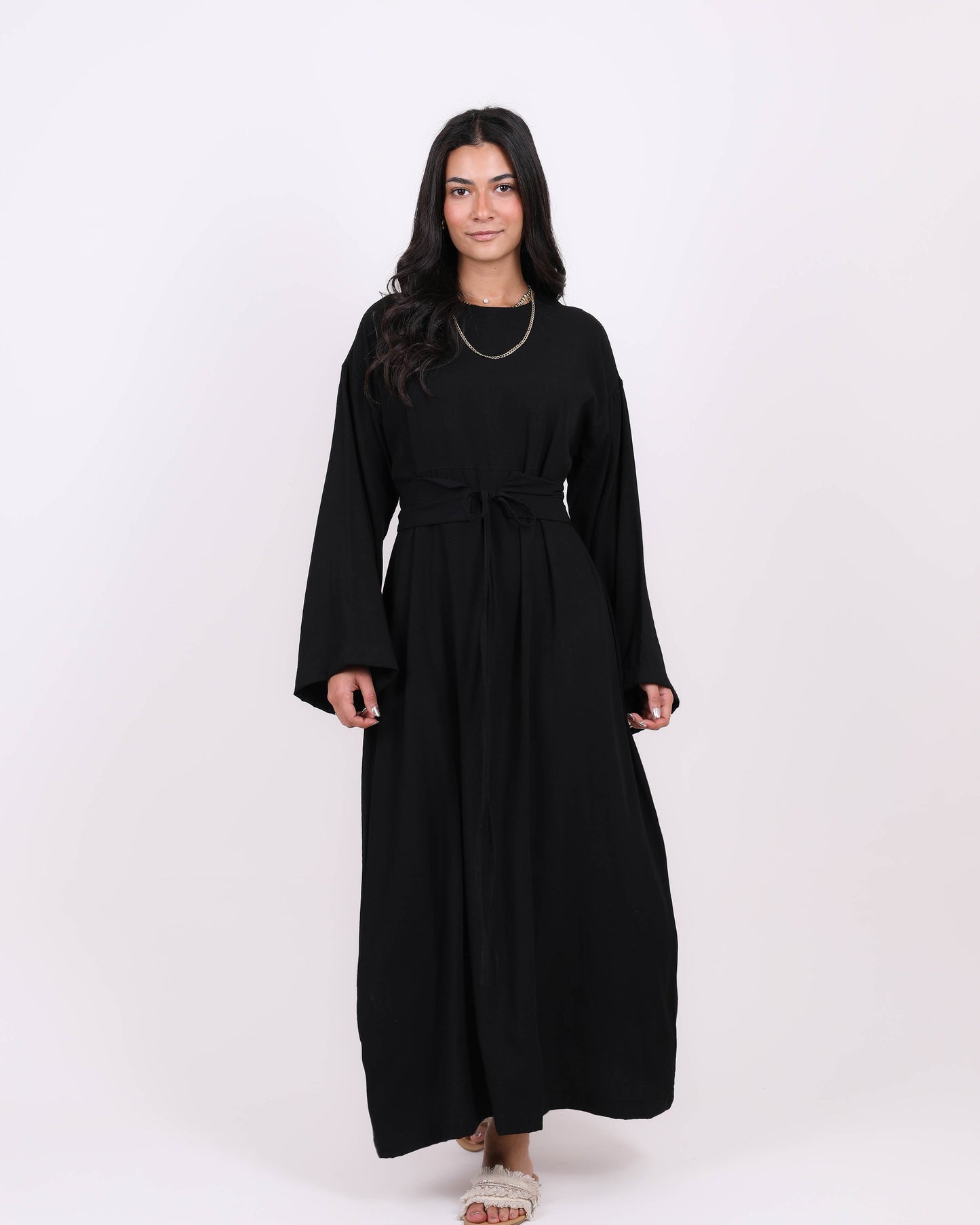 Black Front Waist Belt Dress - فستان أسود بحزام خصر أمامي