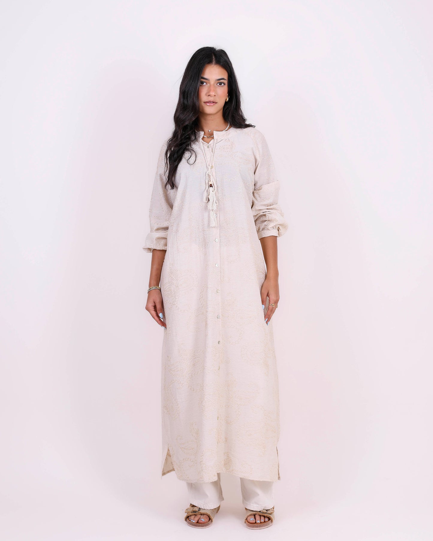 Beige Embroidered Bloom Shirt Dress