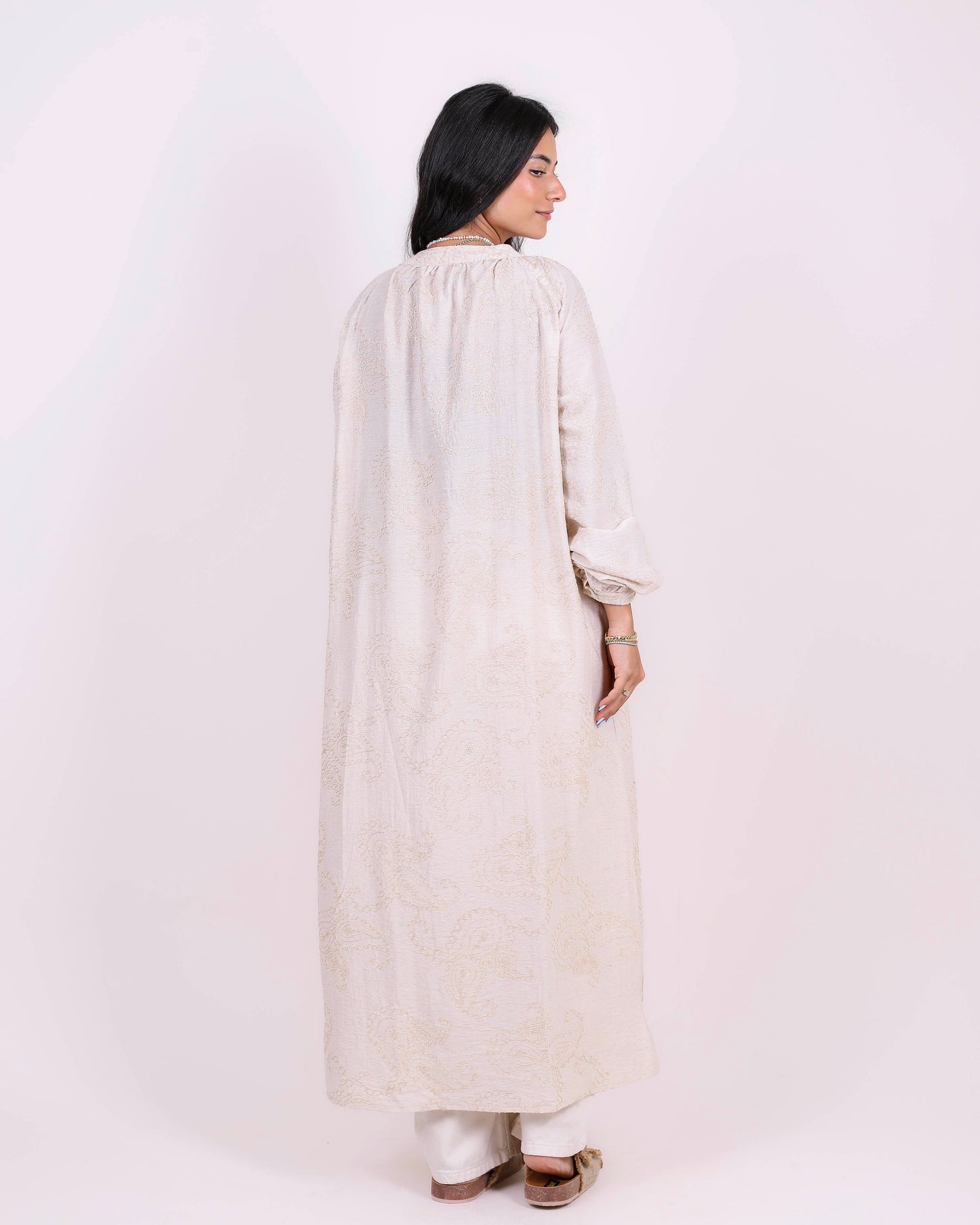 Beige Embroidered Bloom Shirt Dress
