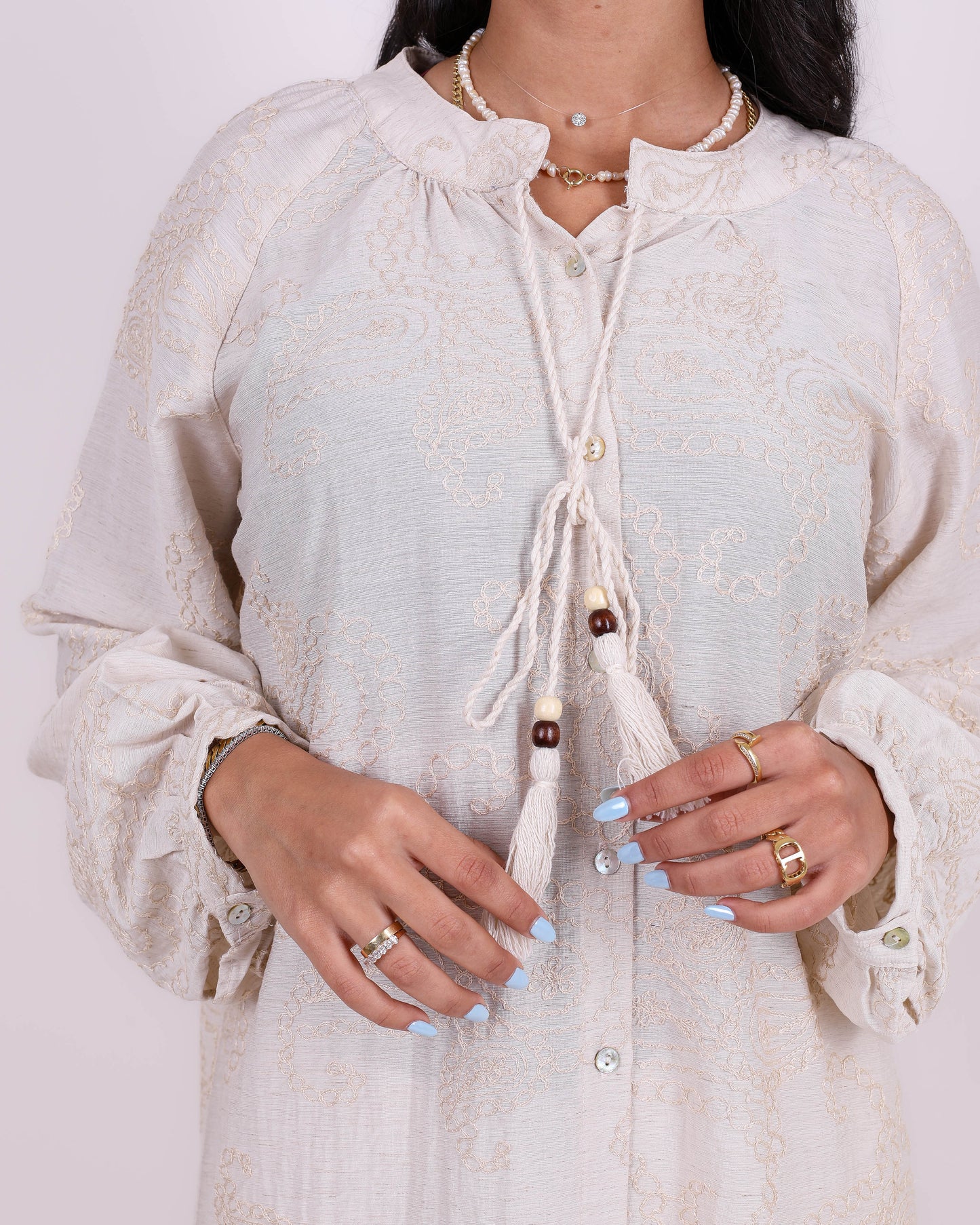 Beige Embroidered Bloom Shirt Dress