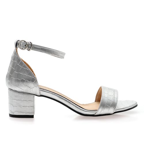 Silver Textured Leather Heeled Sandal