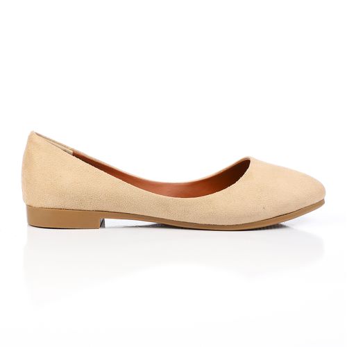 Beige Round Toe Cap Suede Ballerina
