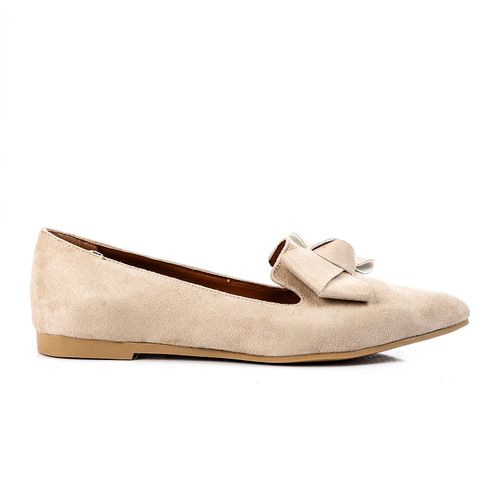 Beige Front Bow Suede Ballerina