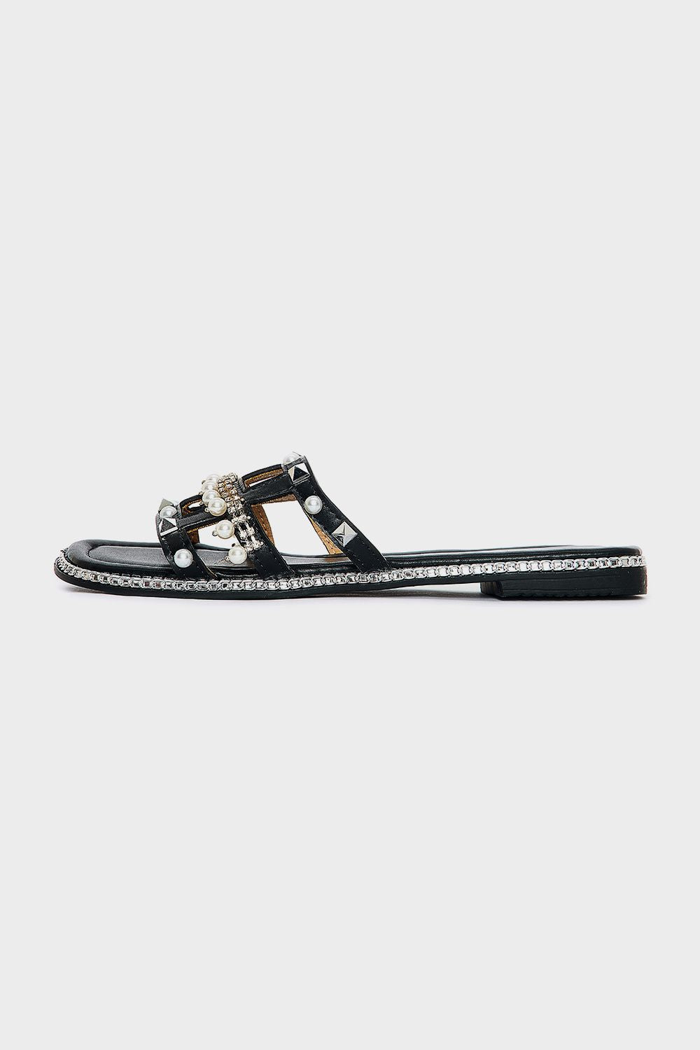 Front Pearls Slides with Shiny Frame