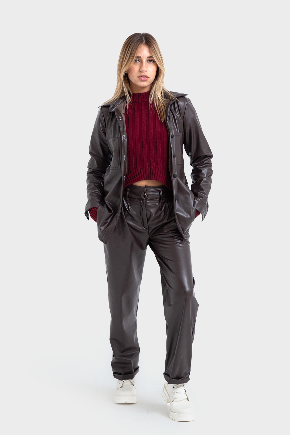 Dark Brown Regular Fit Leather Shirt